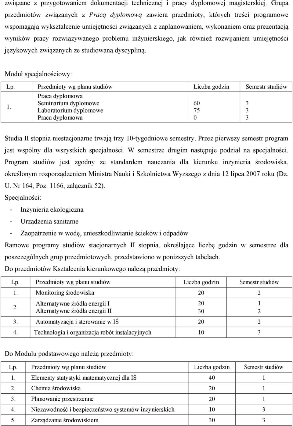 pracy rozwiązywanego problemu inżynierskiego, jak również rozwijaniem umiejętności językowych związanych ze studiowaną dyscypliną. Moduł specjalnościowy: Lp.