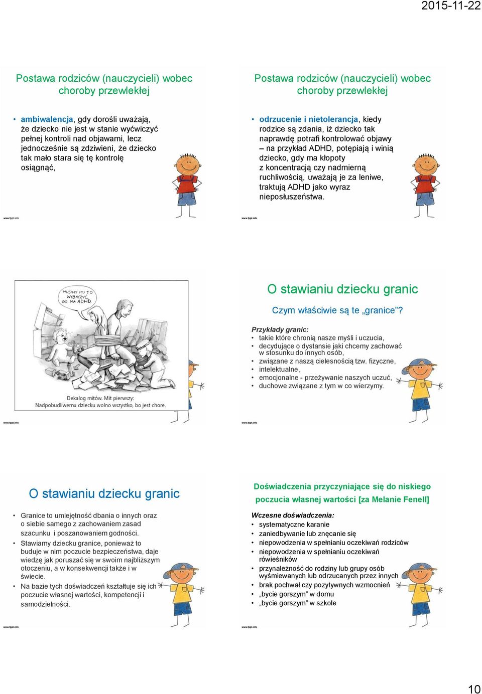 kontrolować objawy na przykład ADHD, potępiają i winią dziecko, gdy ma kłopoty z koncentracją czy nadmierną ruchliwością, uważają je za leniwe, traktują ADHD jako wyraz nieposłuszeństwa.