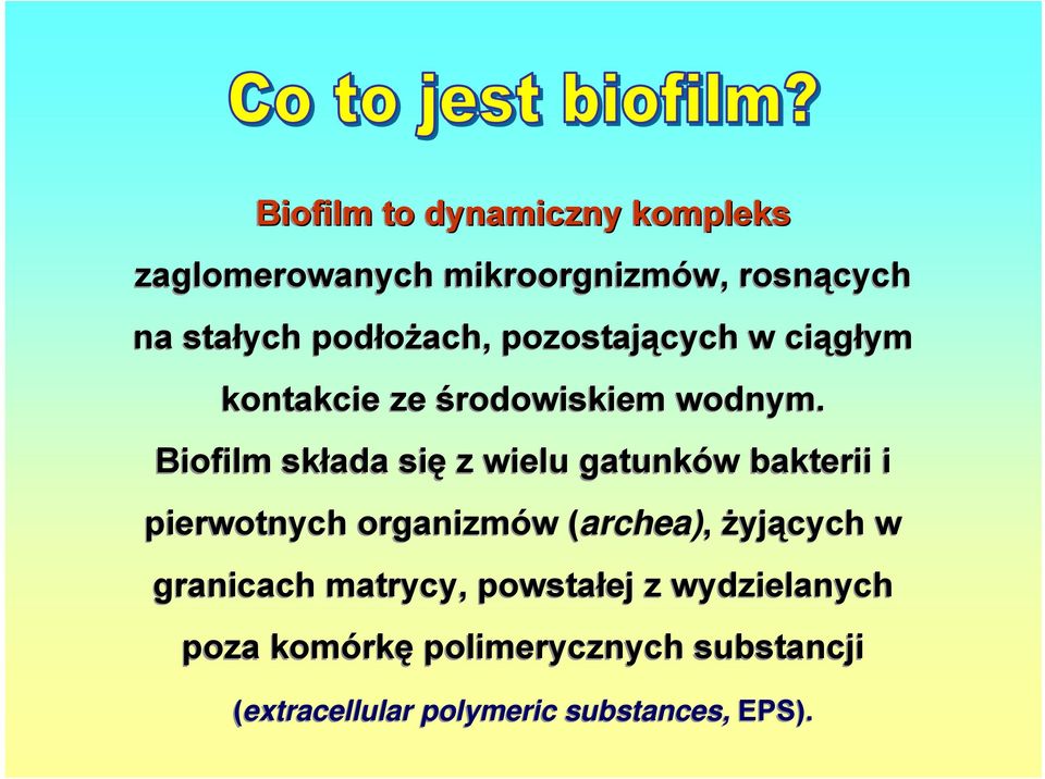 Biofilm składa się z wielu gatunków bakterii i pierwotnych organizmów (archea), żyjących w