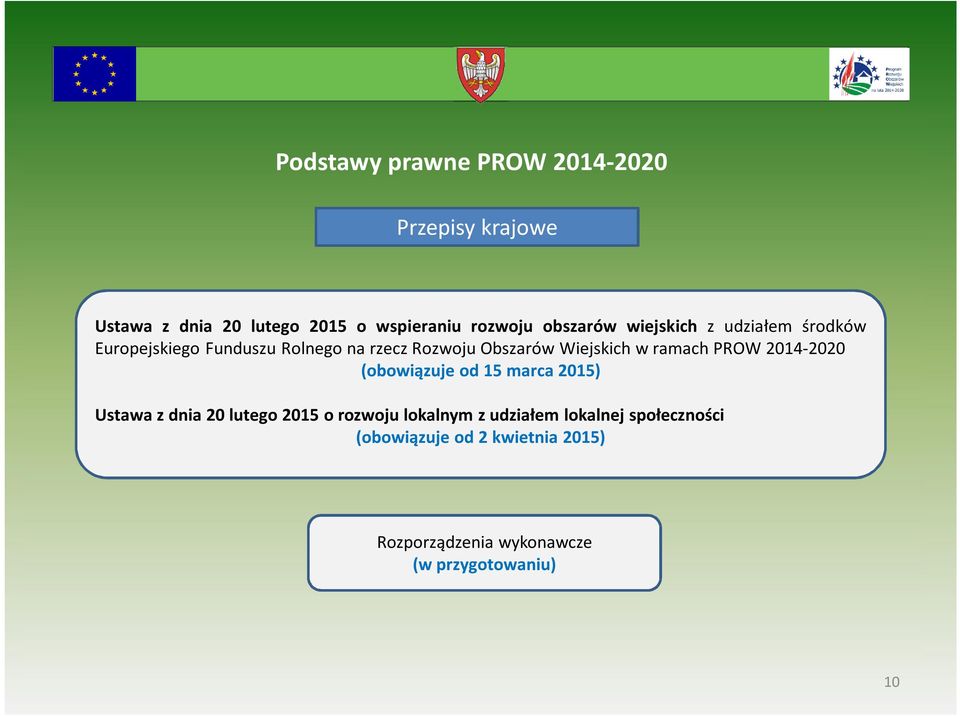 Wiejskich w ramach PROW 2014-2020 (obowiązuje od 15 marca 2015) Ustawa z dnia 20 lutego 2015 o rozwoju