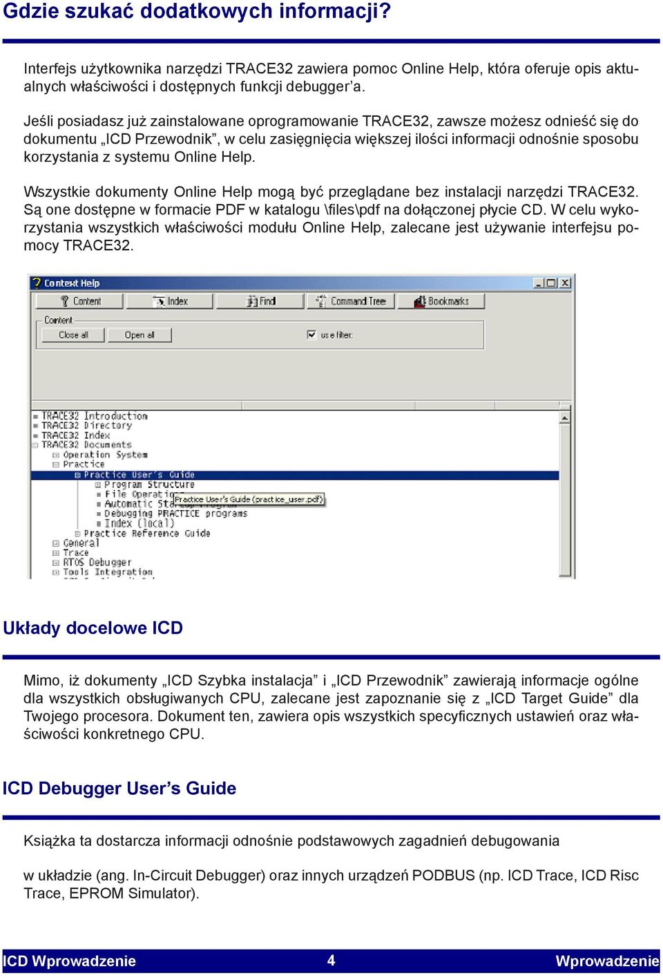 Online Help. Wszystkie dokumenty Online Help mogą być przeglądane bez instalacji narzędzi TRACE32. Są one dostępne w formacie PDF w katalogu \files\pdf na dołączonej płycie CD.