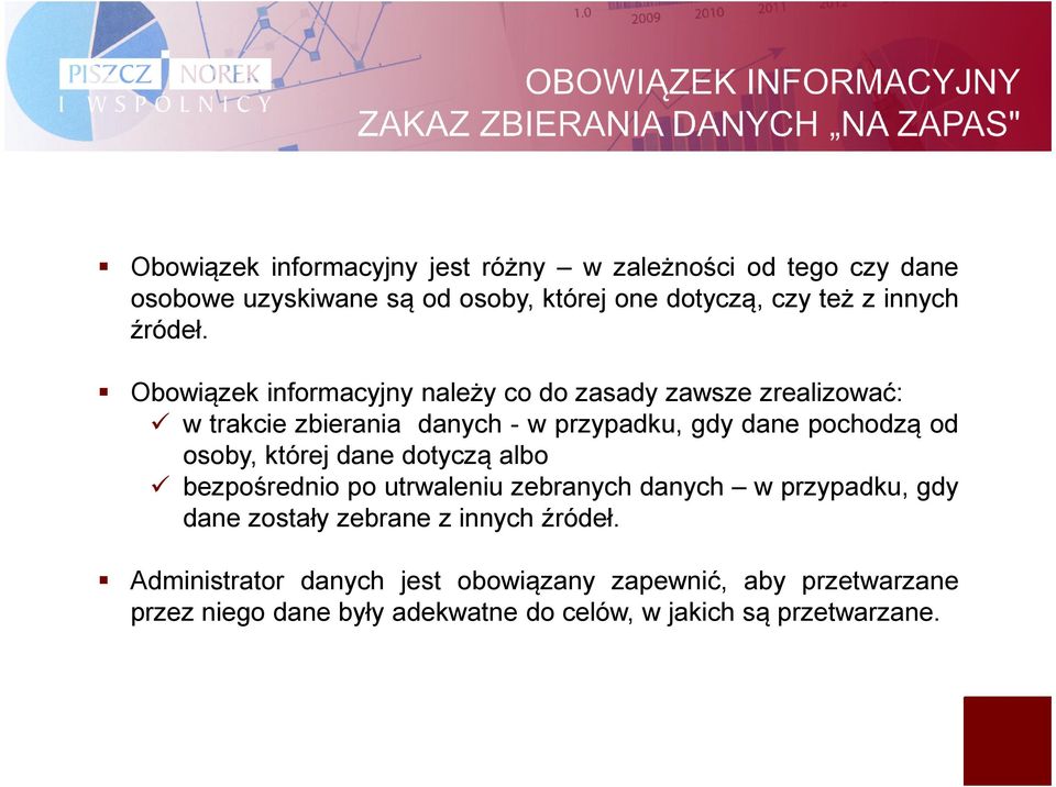 Obowiązek informacyjny należy co do zasady zawsze zrealizować: w trakcie zbierania danych - w przypadku, gdy dane pochodzą od osoby,