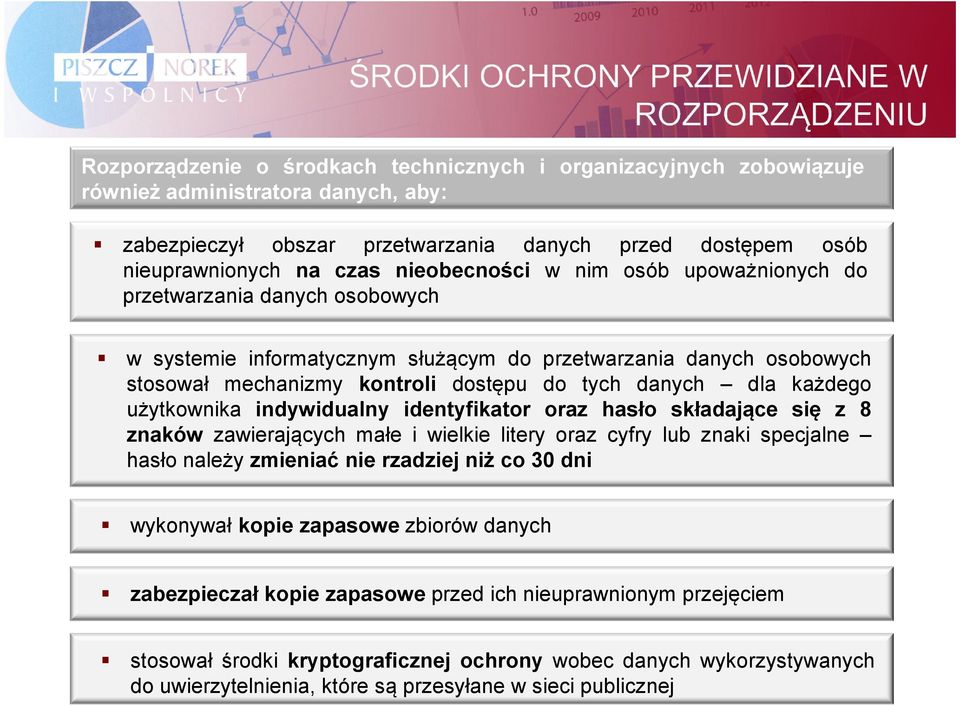 każdego użytkownika indywidualny identyfikator oraz hasło składające się z 8 znaków zawierających małe i wielkie litery oraz cyfry lub znaki specjalne hasło należy zmieniać nie rzadziej niż co 30 dni