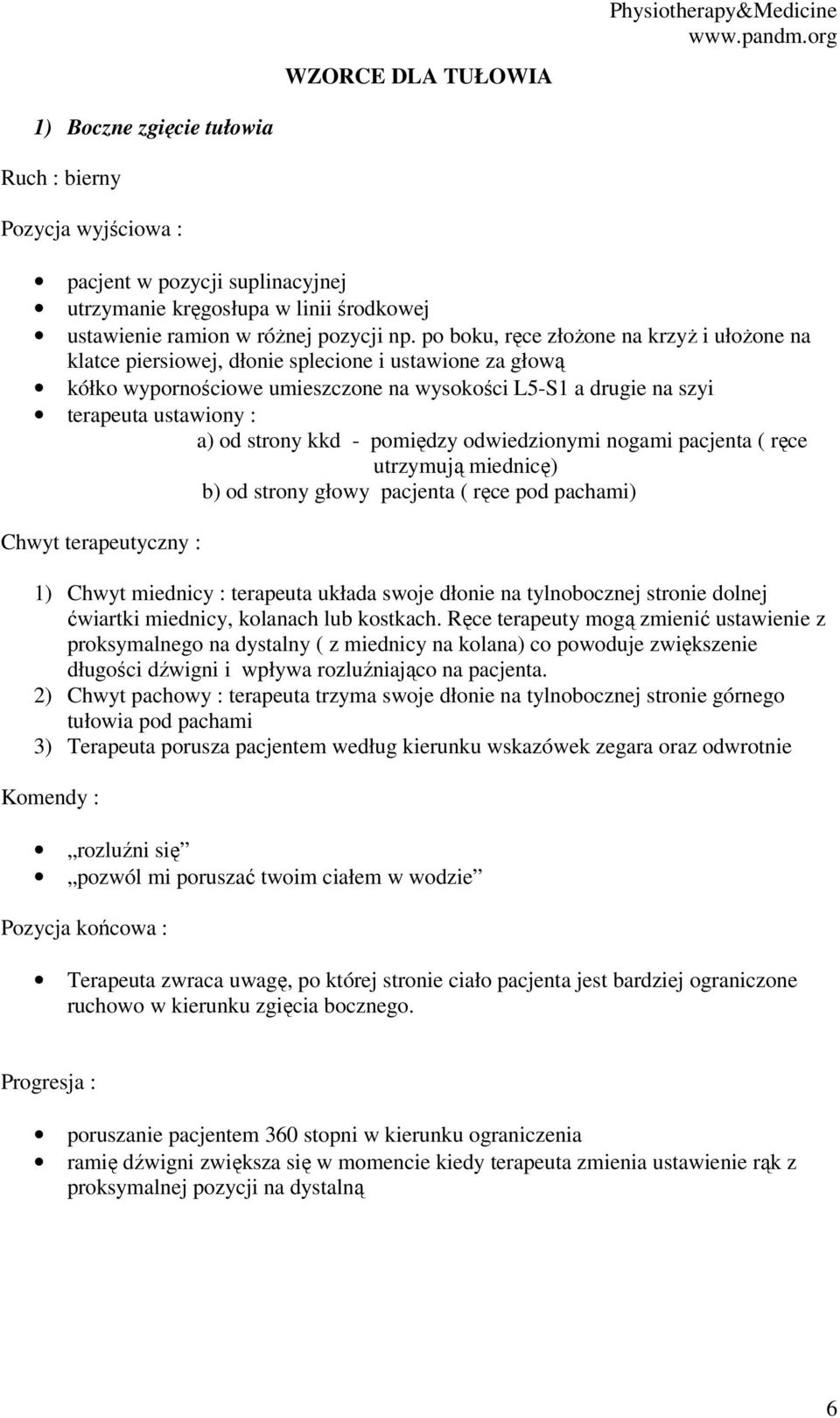 strony kkd - pomiędzy odwiedzionymi nogami pacjenta ( ręce utrzymują miednicę) b) od strony głowy pacjenta ( ręce pod pachami) 1) Chwyt miednicy : terapeuta układa swoje dłonie na tylnobocznej