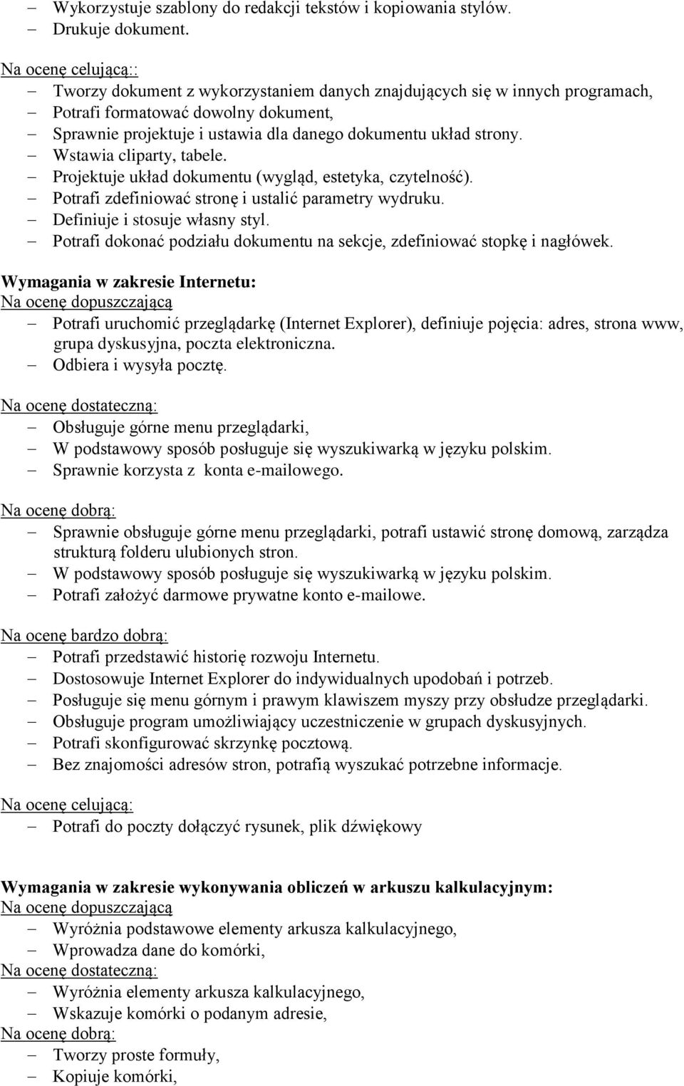 Wstawia cliparty, tabele. Projektuje układ dokumentu (wygląd, estetyka, czytelność). Potrafi zdefiniować stronę i ustalić parametry wydruku. Definiuje i stosuje własny styl.