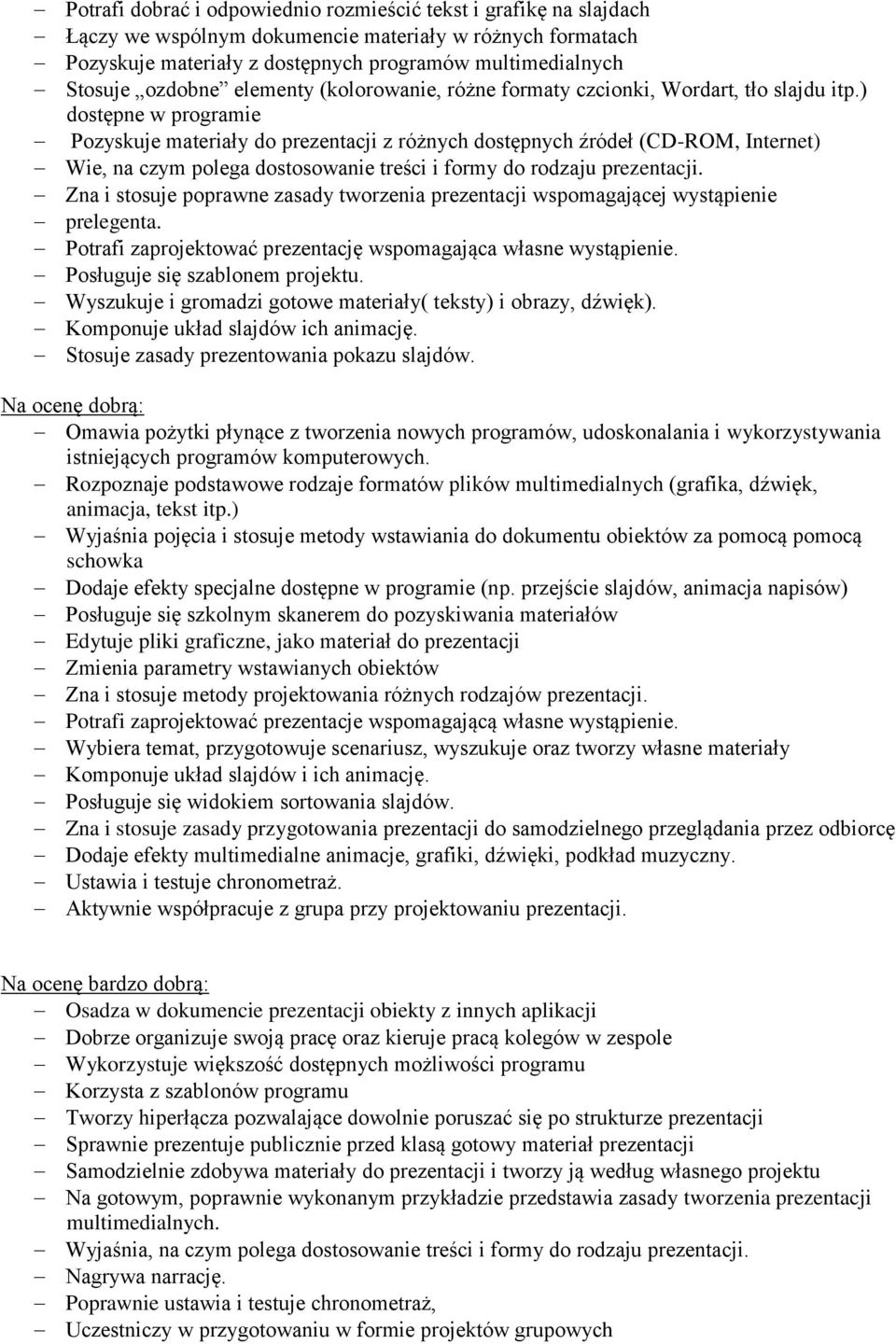 ) dostępne w programie Pozyskuje materiały do prezentacji z różnych dostępnych źródeł (CD-ROM, Internet) Wie, na czym polega dostosowanie treści i formy do rodzaju prezentacji.