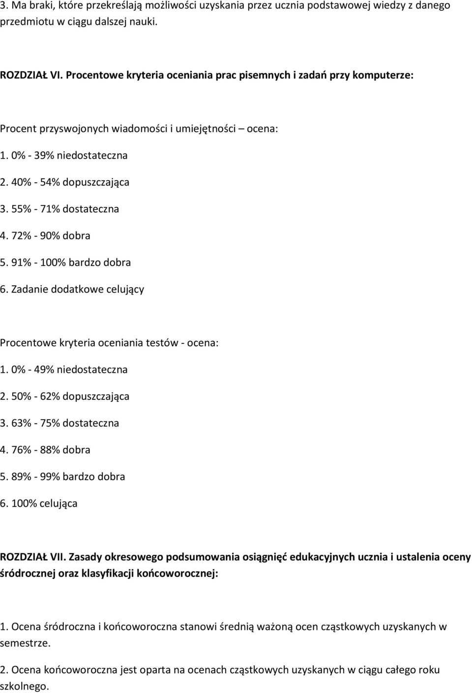55% - 71% dostateczna 4. 72% - 90% dobra 5. 91% - 100% bardzo dobra 6. Zadanie dodatkowe celujący Procentowe kryteria oceniania testów - ocena: 1. 0% - 49% niedostateczna 2. 50% - 62% dopuszczająca 3.