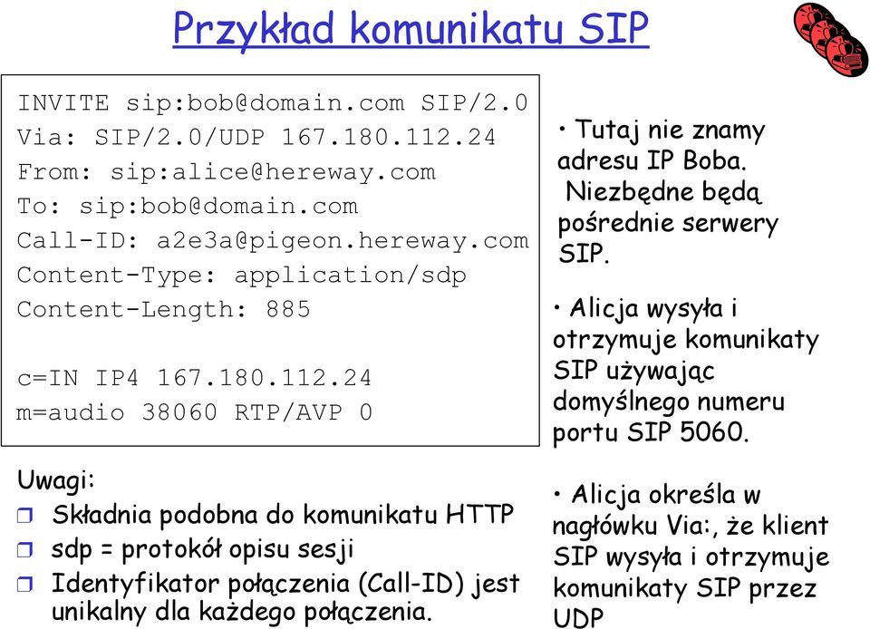 24 m=audio 38060 RTP/AVP 0 Uwagi: Składnia podobna do komunikatu HTTP sdp = protokół opisu sesji Identyfikator połączenia (Call-ID) jest unikalny dla każdego