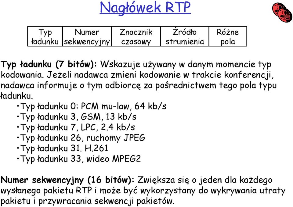 Typ ładunku 0: PCM mu-law, 64 kb/s Typ ładunku 3, GSM, 13 kb/s Typ ładunku 7, LPC, 2.4 kb/s Typ ładunku 26, ruchomy JPEG Typ ładunku 31. H.