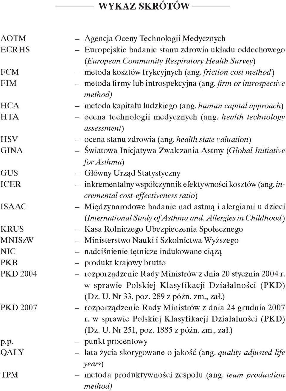 human capital approach) HTA ocena technologii medycznych (ang. health technology assessment) HSV ocena stanu zdrowia (ang.