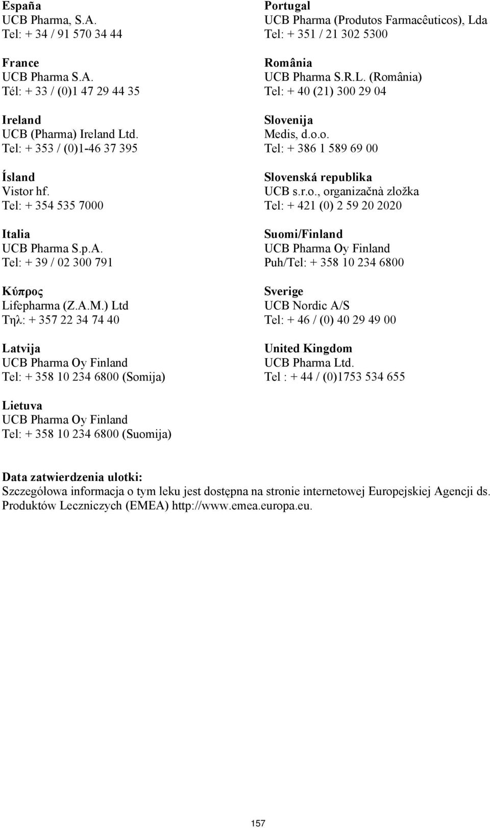 ) Ltd Τηλ: + 357 22 34 74 40 Latvija Tel: + 358 10 234 6800 (Somija) Portugal UCB Pharma (Produtos Farmacêuticos), Lda Tel: + 351 / 21 302 5300 România UCB Pharma S.R.L. (România) Tel: + 40 (21) 300 29 04 Slovenija Medis, d.