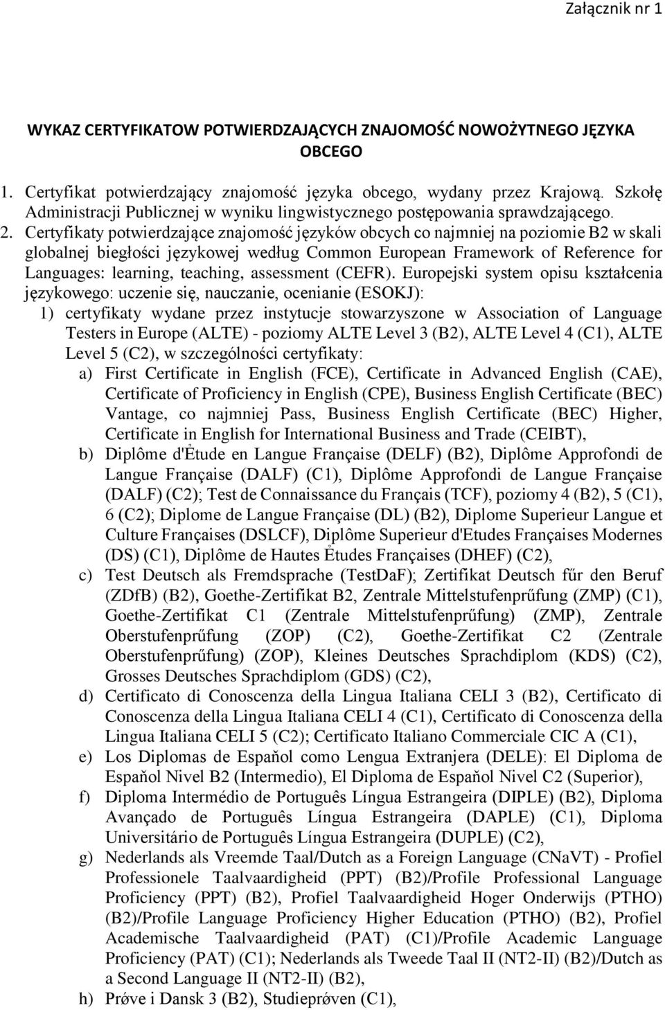 Certyfikaty potwierdzające znajomość języków obcych co najmniej na poziomie B2 w skali globalnej biegłości językowej według Common European Framework of Reference for Languages: learning, teaching,