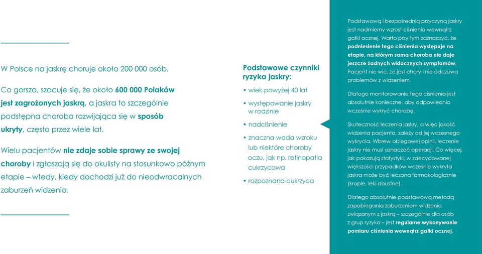 Wielu pacjentów nie zdaje sobie sprawy ze swojej choroby i zgłaszają się do okulisty na stosunkowo późnym etapie wtedy, kiedy dochodzi już do nieodwracalnych zaburzeń widzenia.