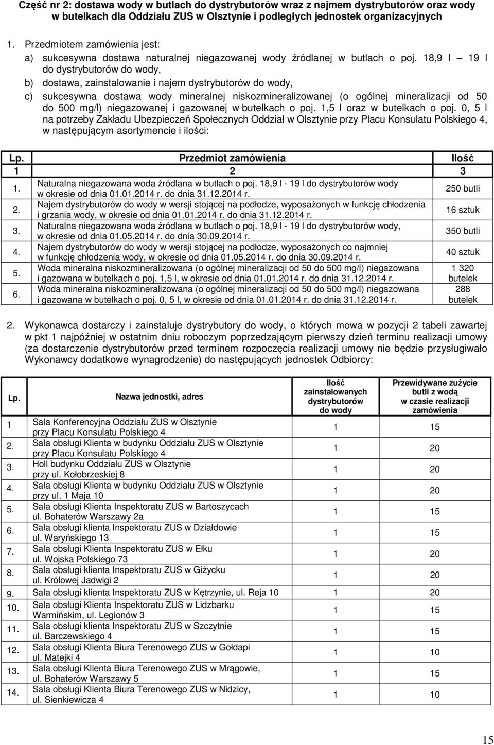 18,9 l 19 l do dystrybutorów do wody, b) dostawa, zainstalowanie i najem dystrybutorów do wody, c) sukcesywna dostawa wody mineralnej niskozmineralizowanej (o ogólnej mineralizacji od 50 do 500 mg/l)