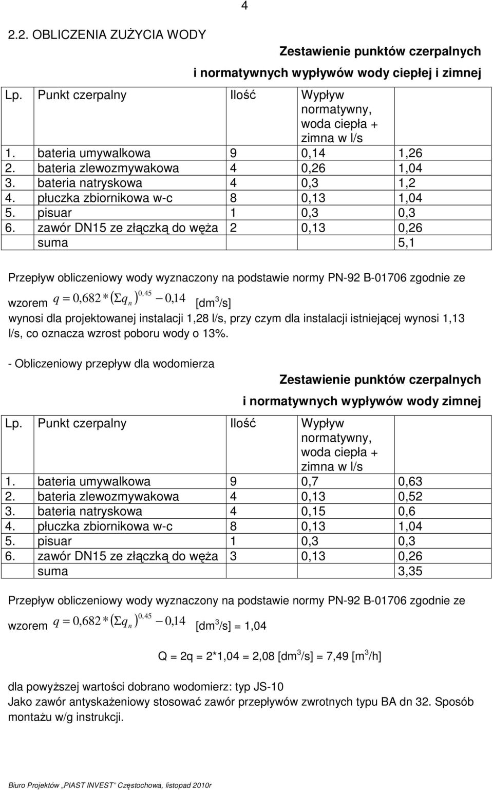 zawór DN15 ze złączką do węŝa 2 0,13 0,26 suma 5,1 Przepływ obliczeniowy wody wyznaczony na podstawie normy PN-92 B-01706 zgodnie ze 0,45 wzorem q = 0,682 *( Σqn ) 0, 14 [dm 3 /s] wynosi dla