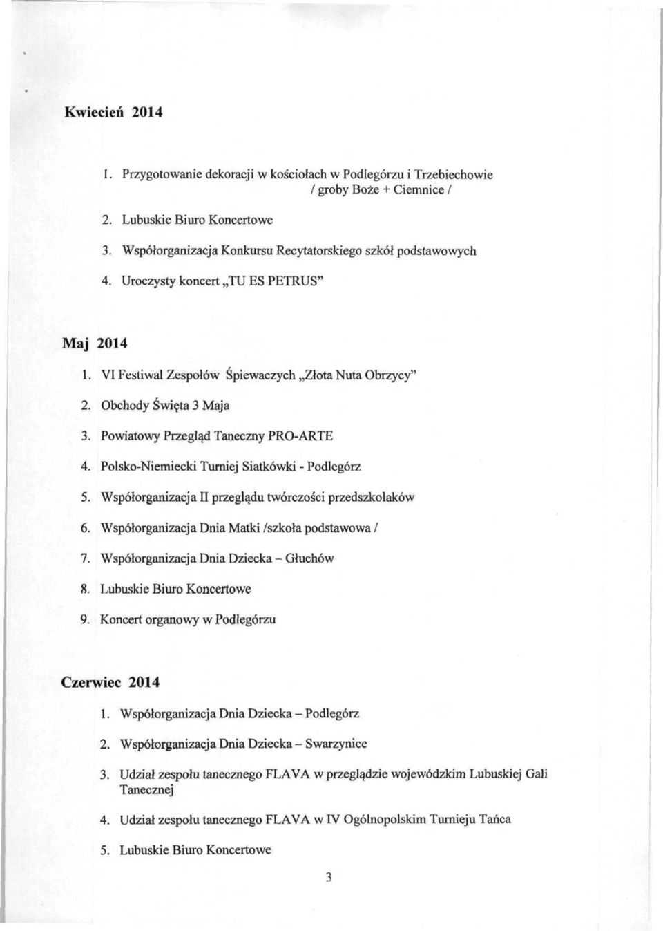 Powiatowy Przegląd Taneczny PRO-ARTE 4. Polsko-Niemiecki Turniej Siatkówki - Podlcgórz 5. Współorganizacja II przeglądu twórczości przedszkolaków 6. Współorganizacja Dnia Matki /szkoła podstawowa / 7.