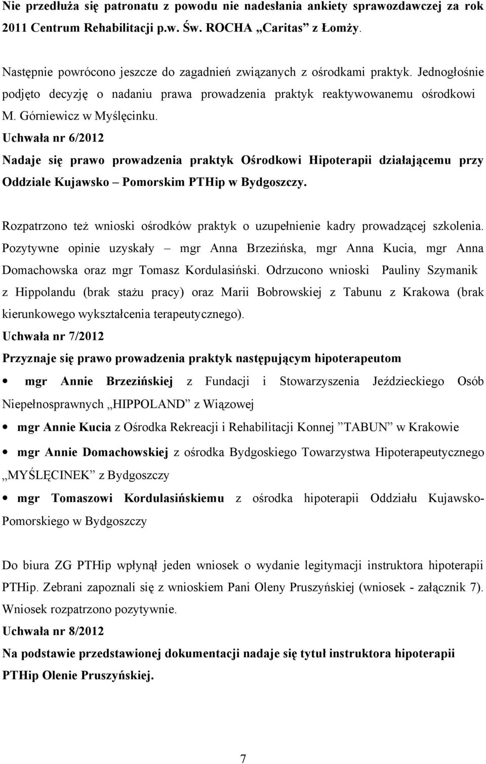 Uchwała nr 6/2012 Nadaje się prawo prowadzenia praktyk Ośrodkowi Hipoterapii działającemu przy Oddziale Kujawsko Pomorskim PTHip w Bydgoszczy.
