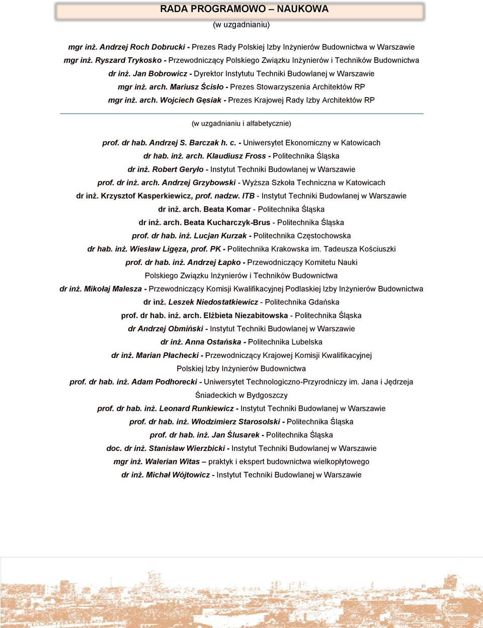 Mariusz Ścisło - Prezes Stowarzyszenia Architektów RP mgr inż. arch. Wojciech Gęsiak - Prezes Krajowej Rady Izby Architektów RP (w uzgadnianiu i alfabetycznie) prof. dr hab. Andrzej S. Barczak h. c.
