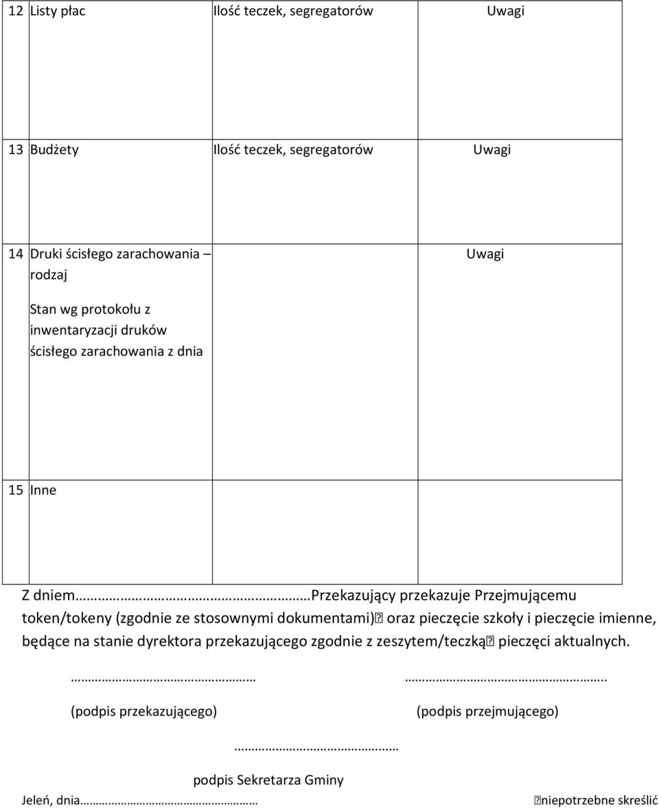 token/tokeny (zgodnie ze stosownymi dokumentami) oraz pieczęcie szkoły i pieczęcie imienne, będące na stanie dyrektora przekazującego