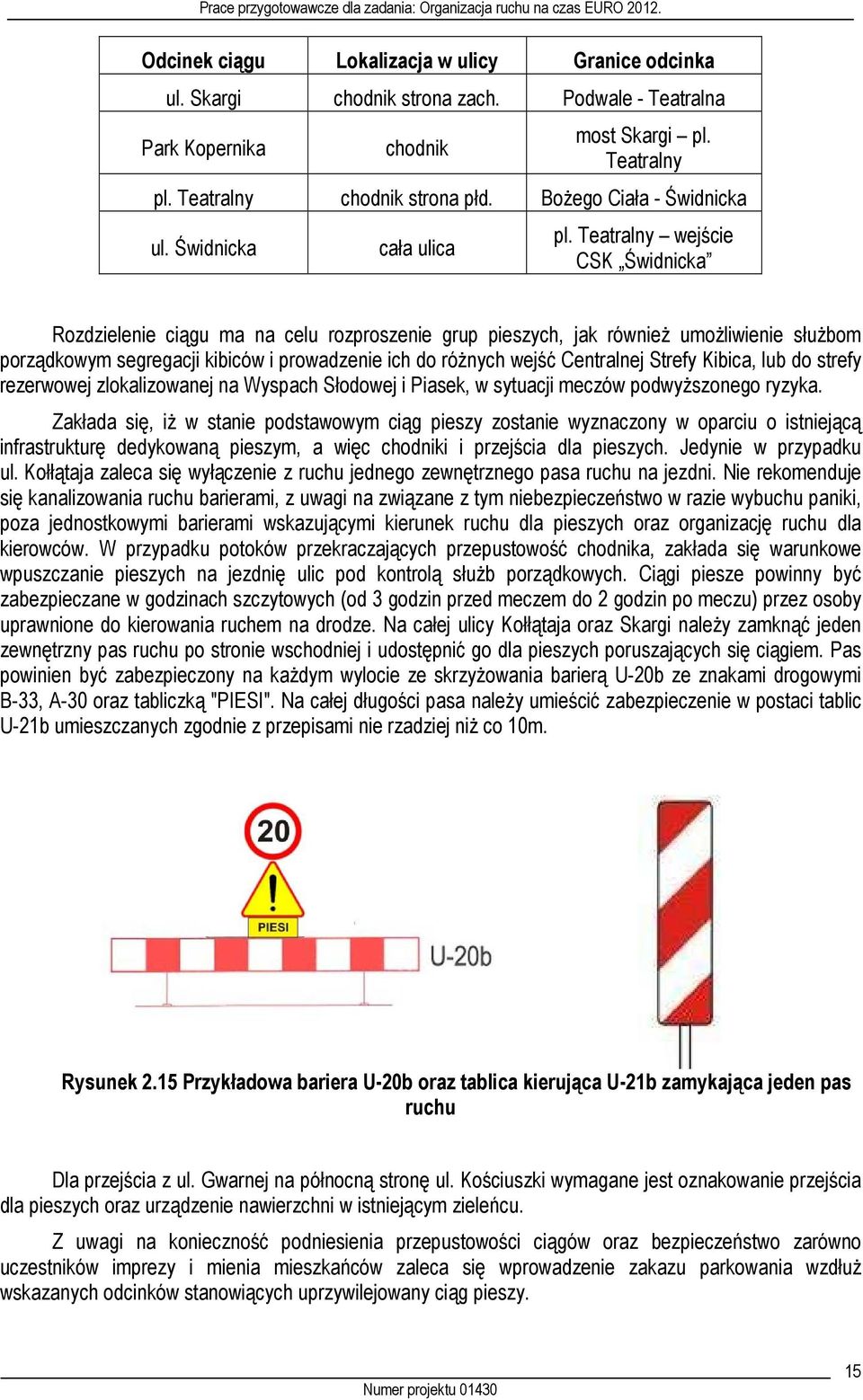 Teatralny wejście CSK Świdnicka Rozdzielenie ciągu ma na celu rozproszenie grup pieszych, jak również umożliwienie służbom porządkowym segregacji kibiców i prowadzenie ich do różnych wejść Centralnej