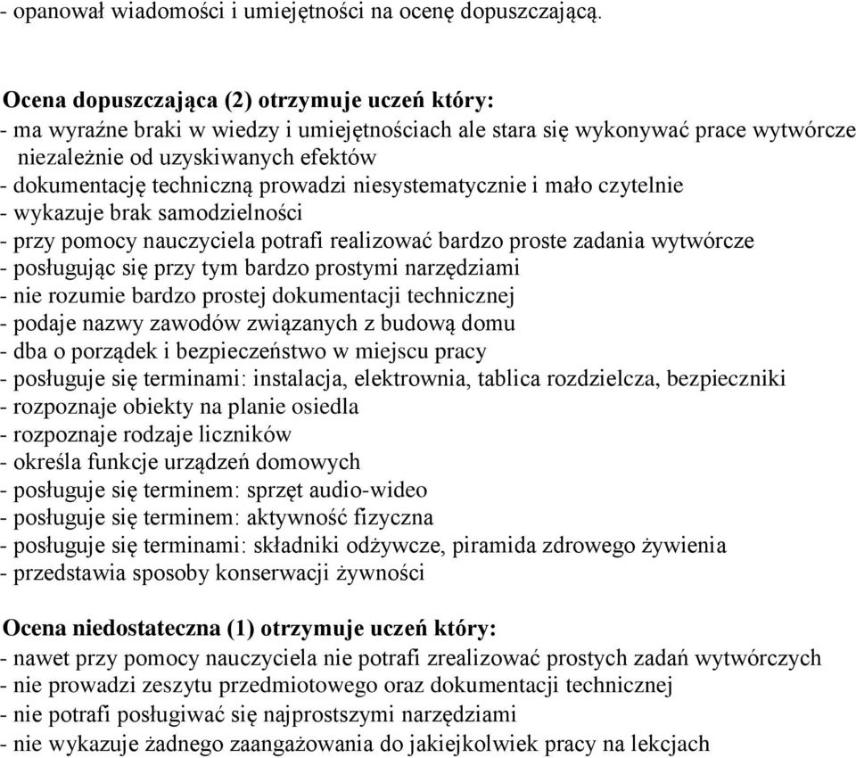 prowadzi niesystematycznie i mało czytelnie - wykazuje brak samodzielności - przy pomocy nauczyciela potrafi realizować bardzo proste zadania wytwórcze - posługując się przy tym bardzo prostymi