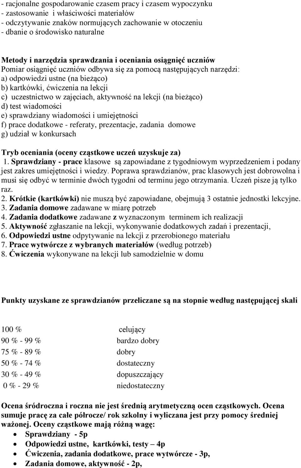 uczestnictwo w zajęciach, aktywność na lekcji (na bieżąco) d) test wiadomości e) sprawdziany wiadomości i umiejętności f) prace dodatkowe - referaty, prezentacje, zadania domowe g) udział w