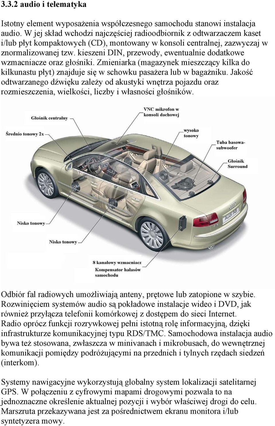 kieszeni DIN, przewody, ewentualnie dodatkowe wzmacniacze oraz głośniki. Zmieniarka (magazynek mieszczący kilka do kilkunastu płyt) znajduje się w schowku pasażera lub w bagażniku.