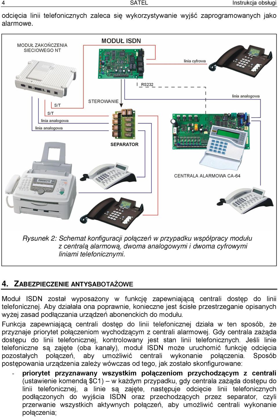 ZABEZPIECZENIE ANTYSABOTAŻOWE Moduł ISDN został wyposażony w funkcję zapewniającą centrali dostęp do linii telefonicznej.