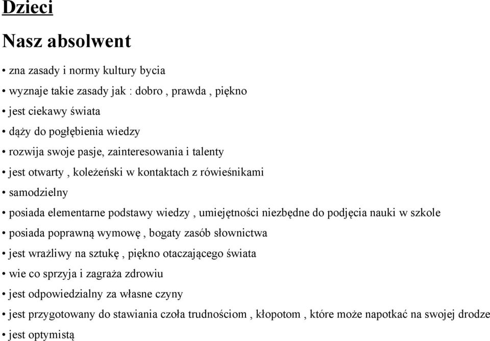 umiejętności niezbędne do podjęcia nauki w szkole posiada poprawną wymowę, bogaty zasób słownictwa jest wrażliwy na sztukę, piękno otaczającego świata wie co