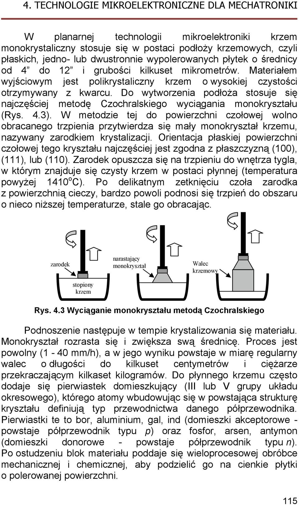 Do wytworzenia podłoża stosuje się najczęściej metodę Czochralskiego wyciągania monokryształu (Rys. 4.3).