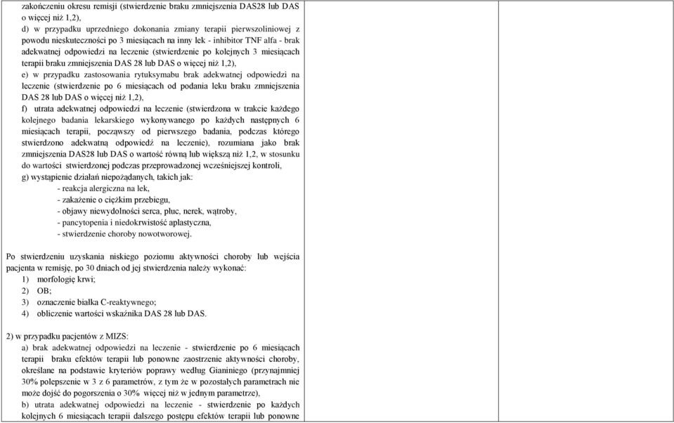 przypadku zastosowania rytuksymabu brak adekwatnej odpowiedzi na leczenie (stwierdzenie po 6 miesiącach od podania leku braku zmniejszenia DAS 28 lub DAS o więcej niż 1,2), f) utrata adekwatnej