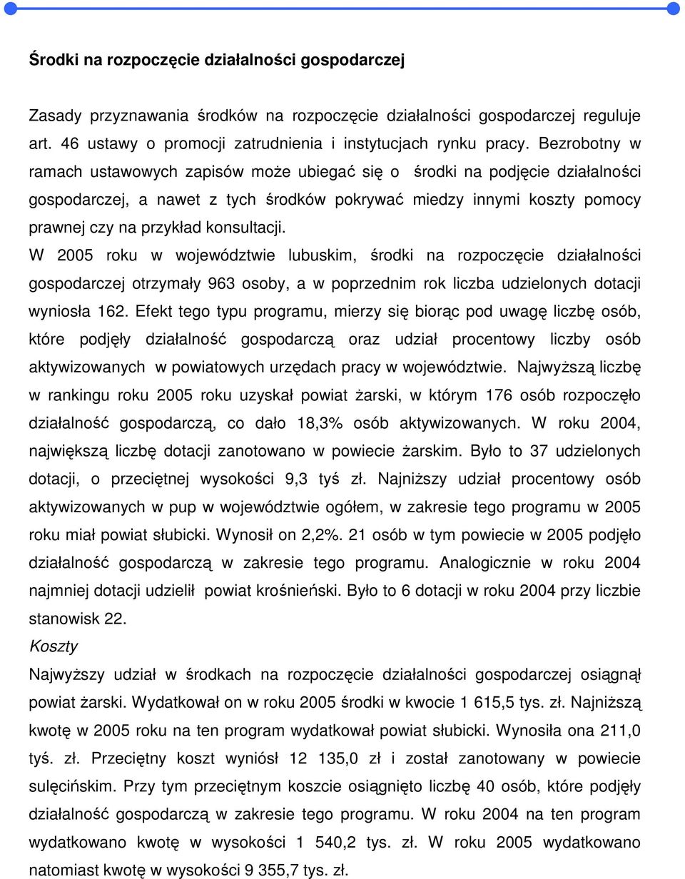 W 2005 roku w województwie lubuskim, środki na rozpoczęcie działalności gospodarczej otrzymały 963 osoby, a w poprzednim rok liczba udzielonych dotacji wyniosła 162.