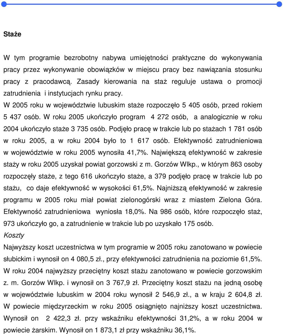 W roku 2005 ukończyło program 4 272 osób, a analogicznie w roku 2004 ukończyło staŝe 3 735 osób. Podjęło pracę w trakcie lub po staŝach 1 781 osób w roku 2005, a w roku 2004 było to 1 617 osób.