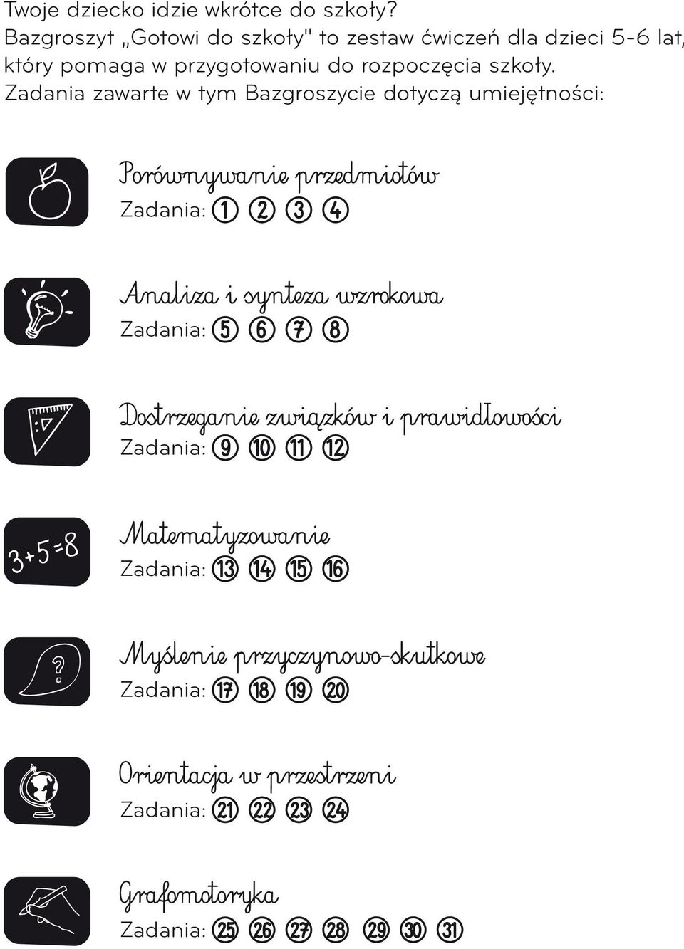 Zadania zawarte w tym Bazgroszycie dotyczą umiejętności: Porównywanie przedmiotów Zadania: 1 2 3 4 Analiza i synteza wzrokowa