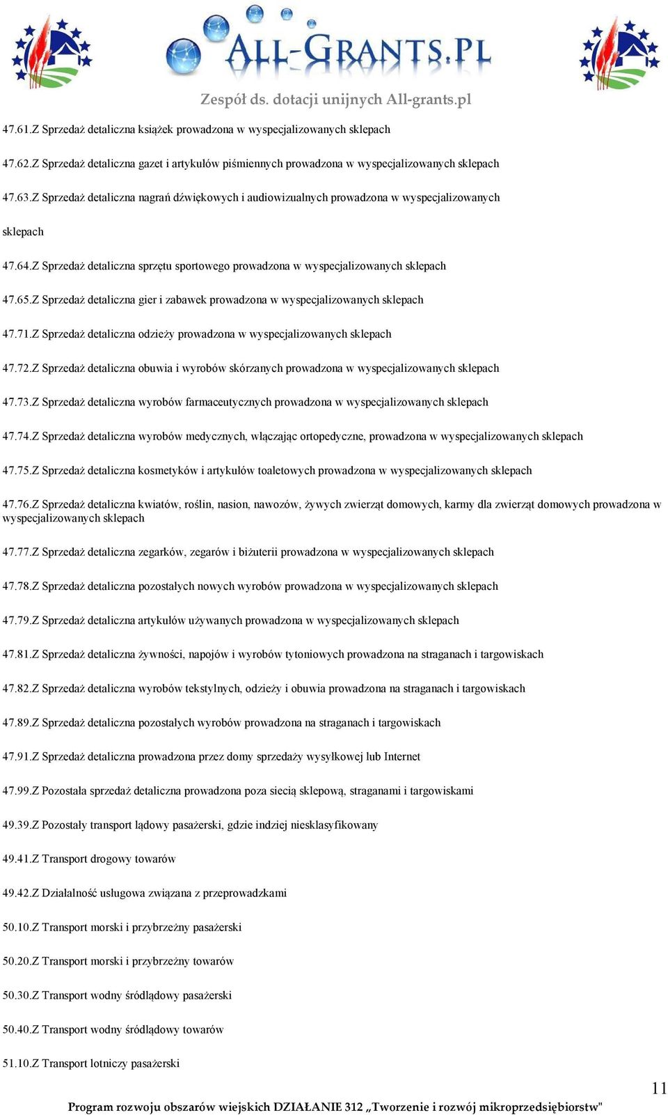 Z Sprzedaż detaliczna gier i zabawek prowadzona w wyspecjalizowanych sklepach 47.71.Z Sprzedaż detaliczna odzieży prowadzona w wyspecjalizowanych sklepach 47.72.