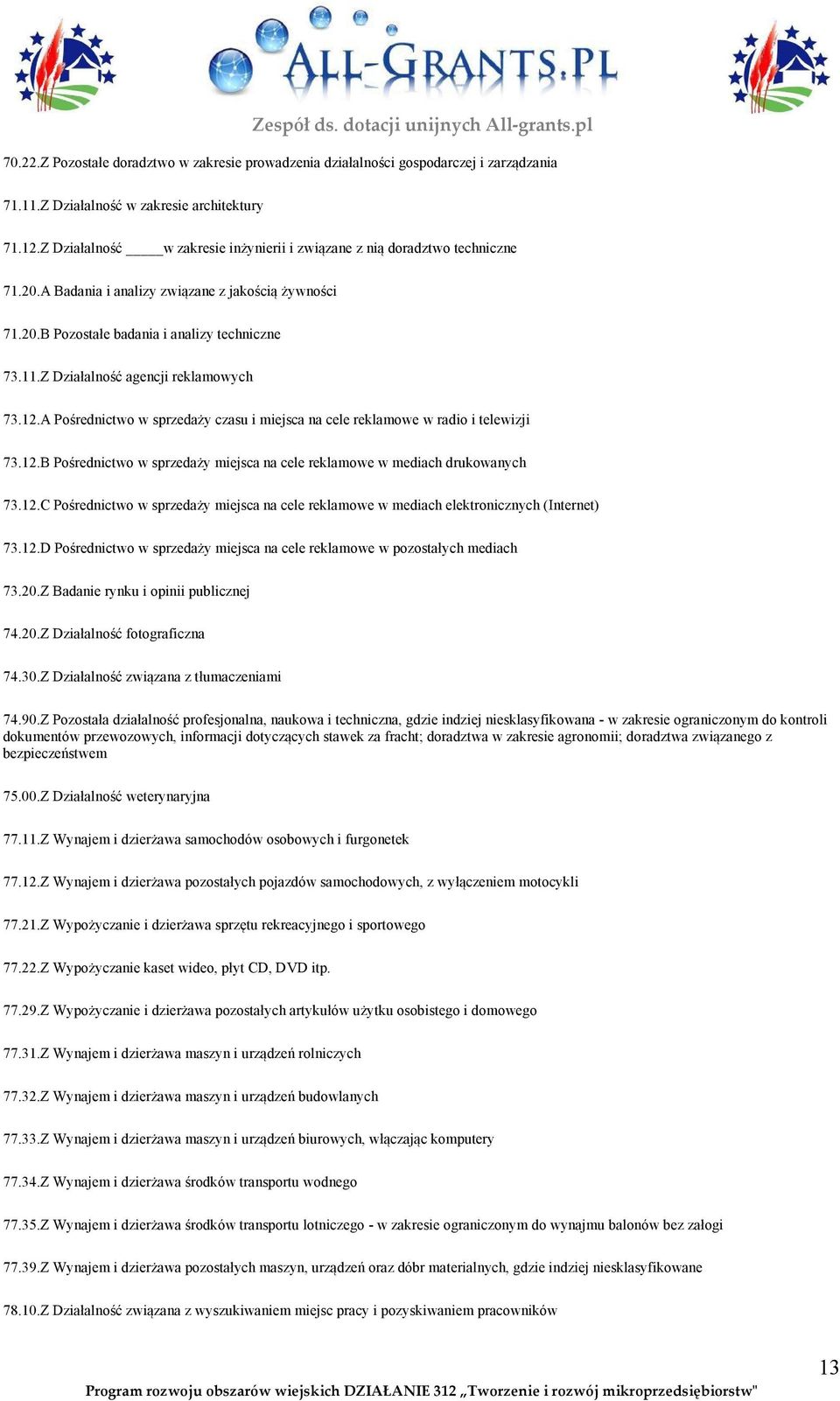 Z Działalność agencji reklamowych 73.12.A Pośrednictwo w sprzedaży czasu i miejsca na cele reklamowe w radio i telewizji 73.12.B Pośrednictwo w sprzedaży miejsca na cele reklamowe w mediach drukowanych 73.