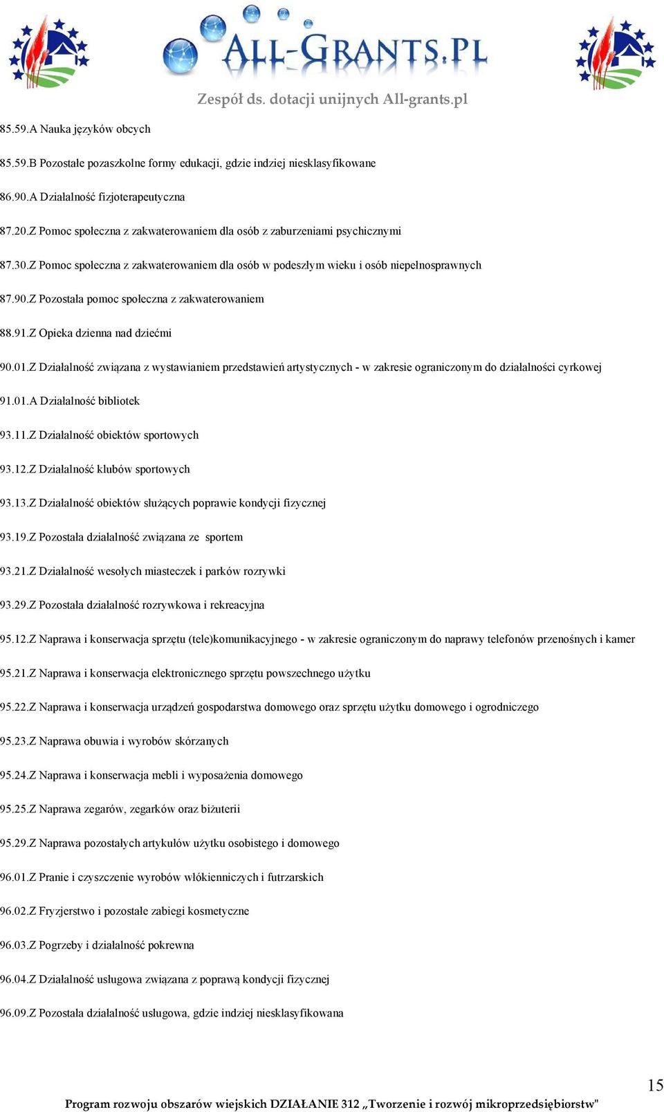 Z Pozostała pomoc społeczna z zakwaterowaniem 88.91.Z Opieka dzienna nad dziećmi 90.01.