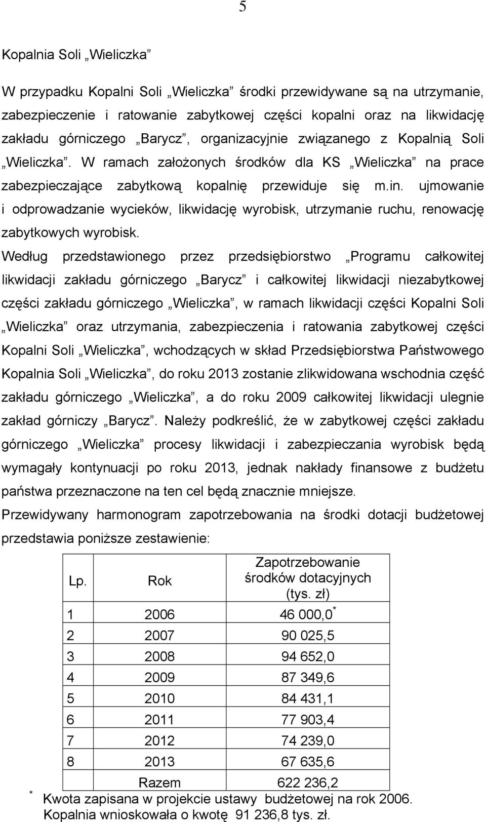 ujmowanie i odprowadzanie wycieków, likwidację wyrobisk, utrzymanie ruchu, renowację zabytkowych wyrobisk.