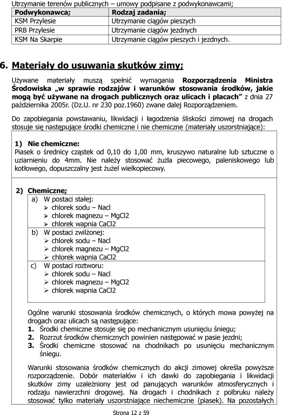 Materiały do usuwania skutków zimy; Używane materiały muszą spełnić wymagania Rozporządzenia Ministra Środowiska w sprawie rodzajów i warunków stosowania środków, jakie mogą być używane na drogach