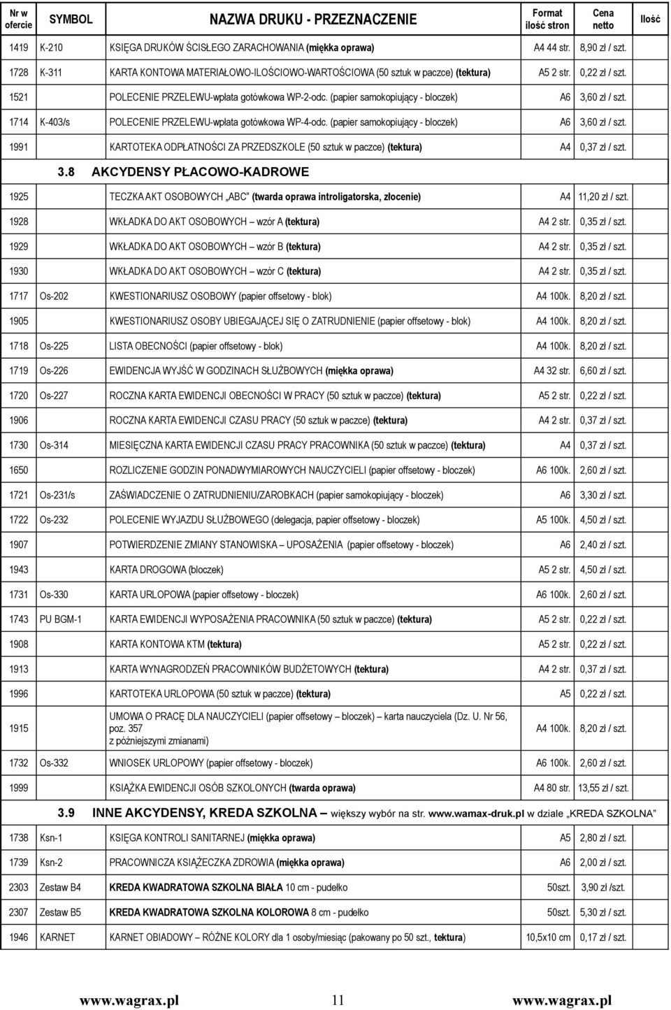 (papier samokopiujący - bloczek) A6 3,60 zł / szt. 1991 KARTOTEKA ODPŁATNOŚCI ZA PRZEDSZKOLE (50 sztuk w paczce) (tektura) A4 0,37 zł / szt. 3.8 AKCYDENSY PŁACOWO-KADROWE 1925 TECZKA AKT OSOBOWYCH ABC (twarda oprawa introligatorska, złocenie) A4 11,20 zł / szt.