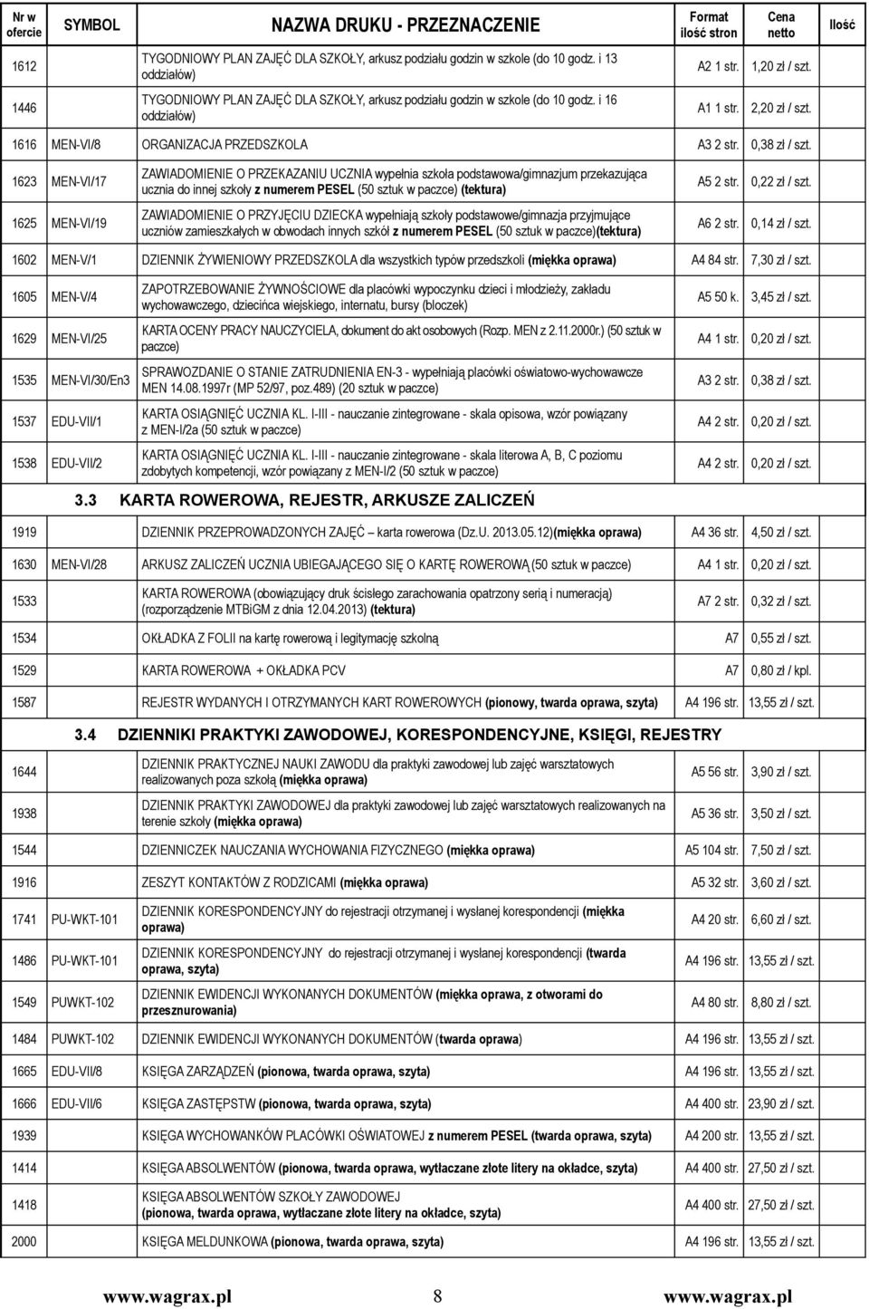 1616 MEN-VI/8 ORGANIZACJA PRZEDSZKOLA 1623 MEN-VI/17 ZAWIADOMIENIE O PRZEKAZANIU UCZNIA wypełnia szkoła podstawowa/gimnazjum przekazująca ucznia do innej szkoły z numerem PESEL (50 sztuk w paczce)