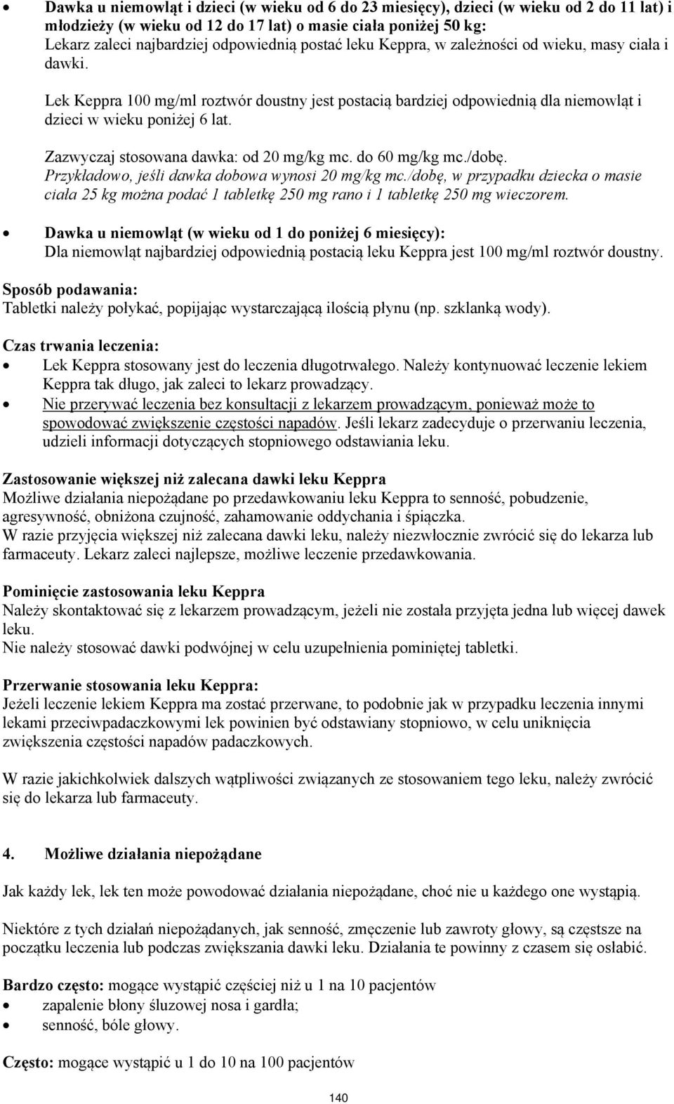 Zazwyczaj stosowana dawka: od 20 mg/kg mc. do 60 mg/kg mc./dobę. Przykładowo, jeśli dawka dobowa wynosi 20 mg/kg mc.