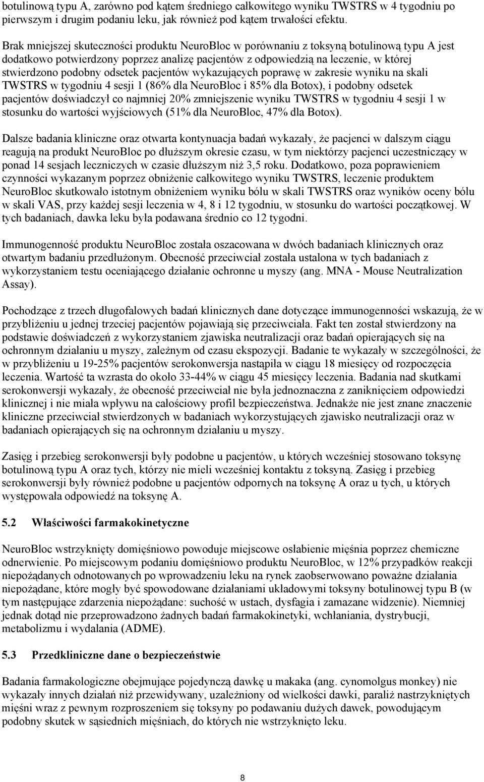 odsetek pacjentów wykazujących poprawę w zakresie wyniku na skali TWSTRS w tygodniu 4 sesji 1 (86% dla NeuroBloc i 85% dla Botox), i podobny odsetek pacjentów doświadczył co najmniej 20% zmniejszenie