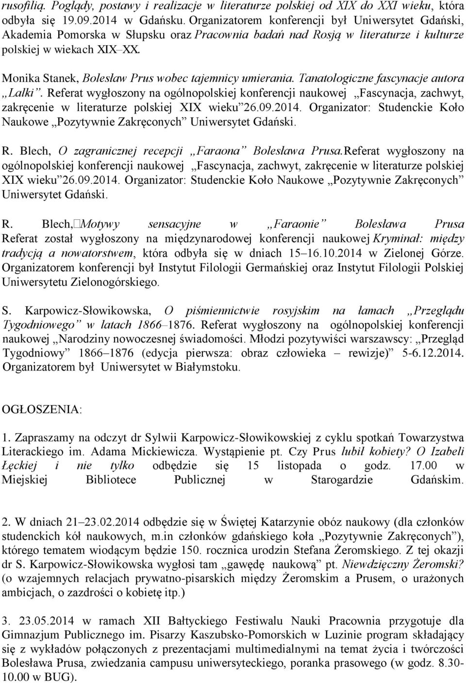 Monika Stanek, Bolesław Prus wobec tajemnicy umierania. Tanatologiczne fascynacje autora Lalki.