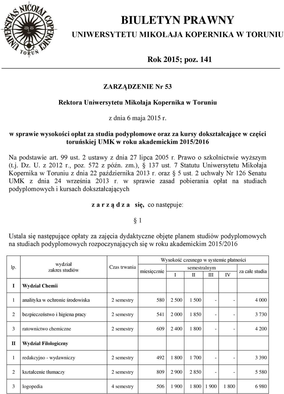 Prawo o szkolnictwie wyższym (t.j. Dz. U. z 202 r., poz. 572 z późn. zm.), 37 ust. 7 Statutu Uniwersytetu Mikołaja Kopernika w Toruniu z dnia 22 października 203 r. oraz 5 ust.