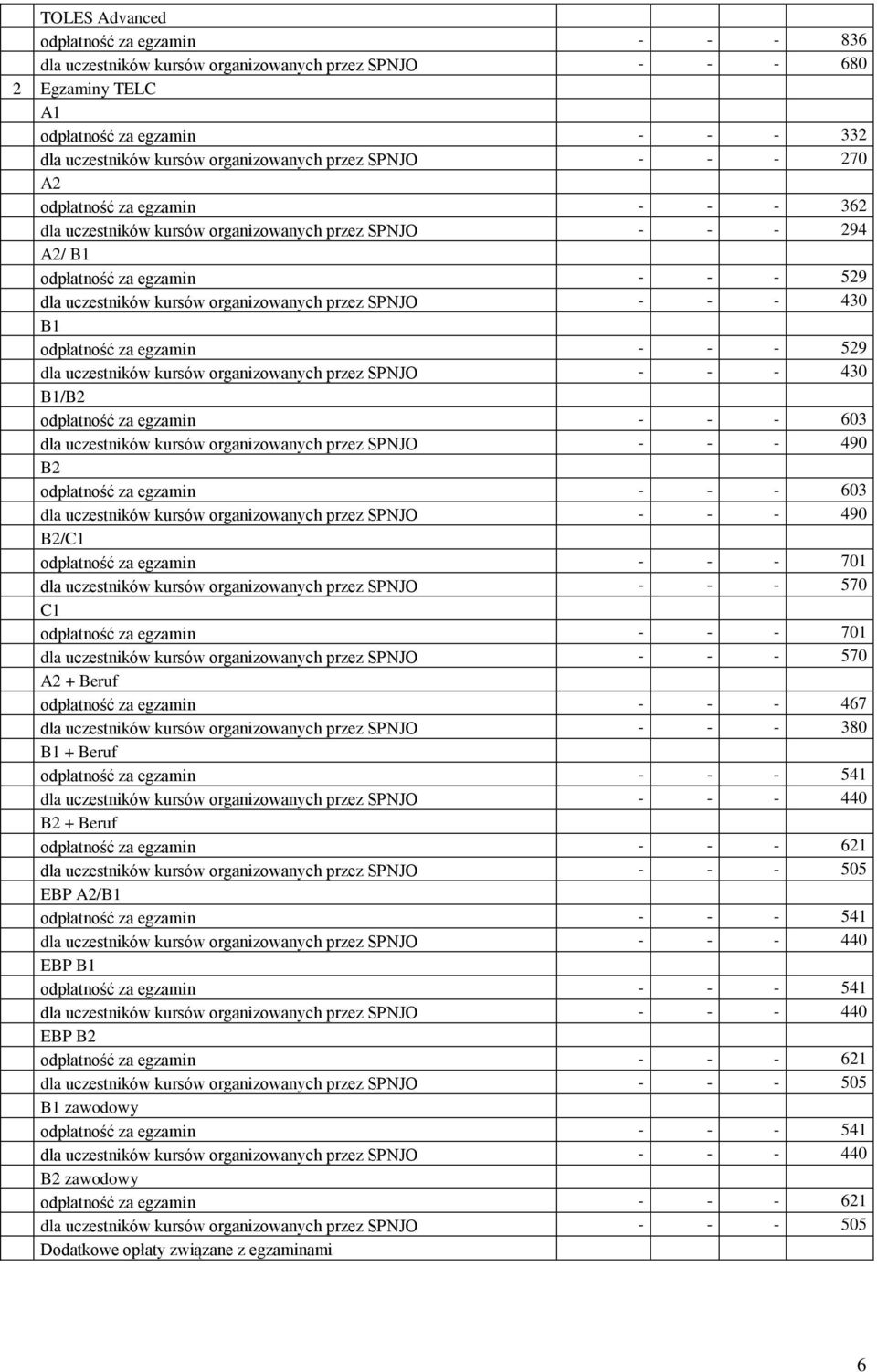 SPNJO - - - 430 B odpłatność za egzamin - - - 529 dla uczestników kursów organizowanych przez SPNJO - - - 430 B/B2 odpłatność za egzamin - - - 603 dla uczestników kursów organizowanych przez SPNJO -