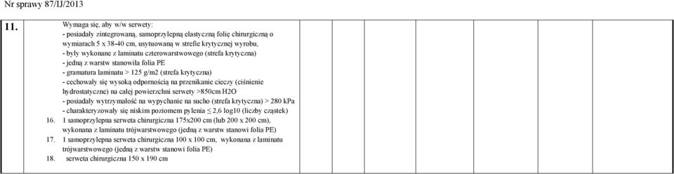 hydrostatyczne) na całej powierzchni serwety >850cm H2O - posiadały wytrzymałość na wypychanie na sucho (strefa krytyczna) > 280 kpa - charakteryzowały się niskim poziomem pylenia 2,6 log10 (liczby