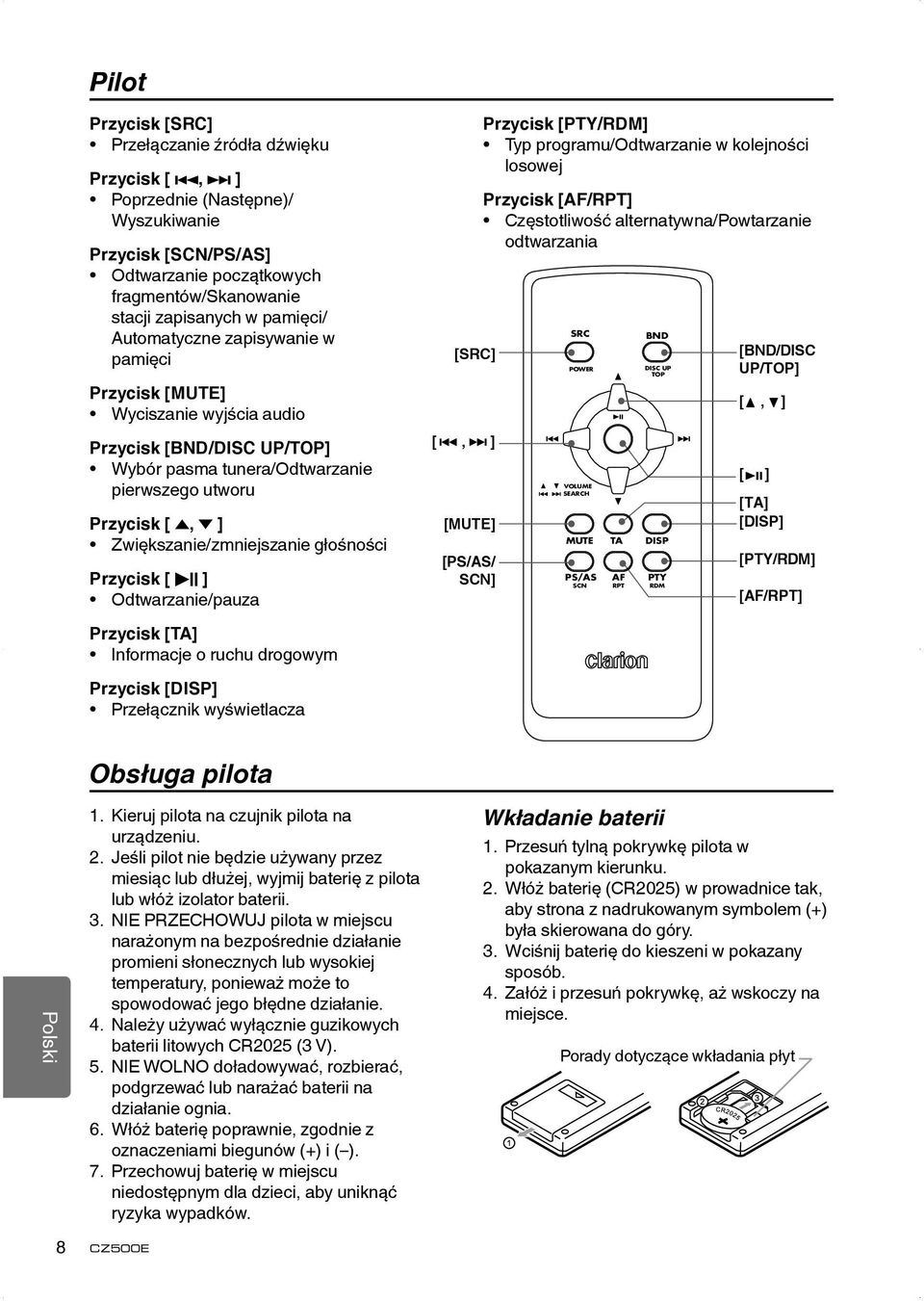 tunera/odtwarzanie pierwszego utworu Przycisk [, ] Zwiększanie/zmniejszanie głośności Przycisk [ ] Odtwarzanie/pauza Przycisk [TA] Informacje o ruchu drogowym Przycisk [DISP] Przełącznik wyświetlacza
