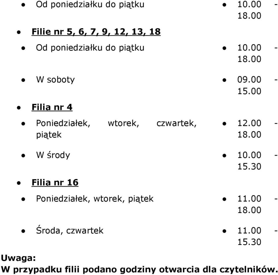 Filia nr 4 Poniedziałek, wtorek, czwartek, piątek 12. - 18. W środy 1. - 15.