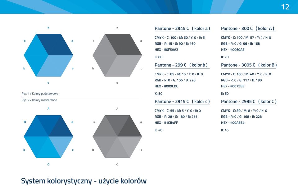 R: 0 / G: 117 / B: 190 HEX - #009CDC HEX - #0075BE Rys. 1 / Kolory podstwowe K: 50 K: 60 Rys.